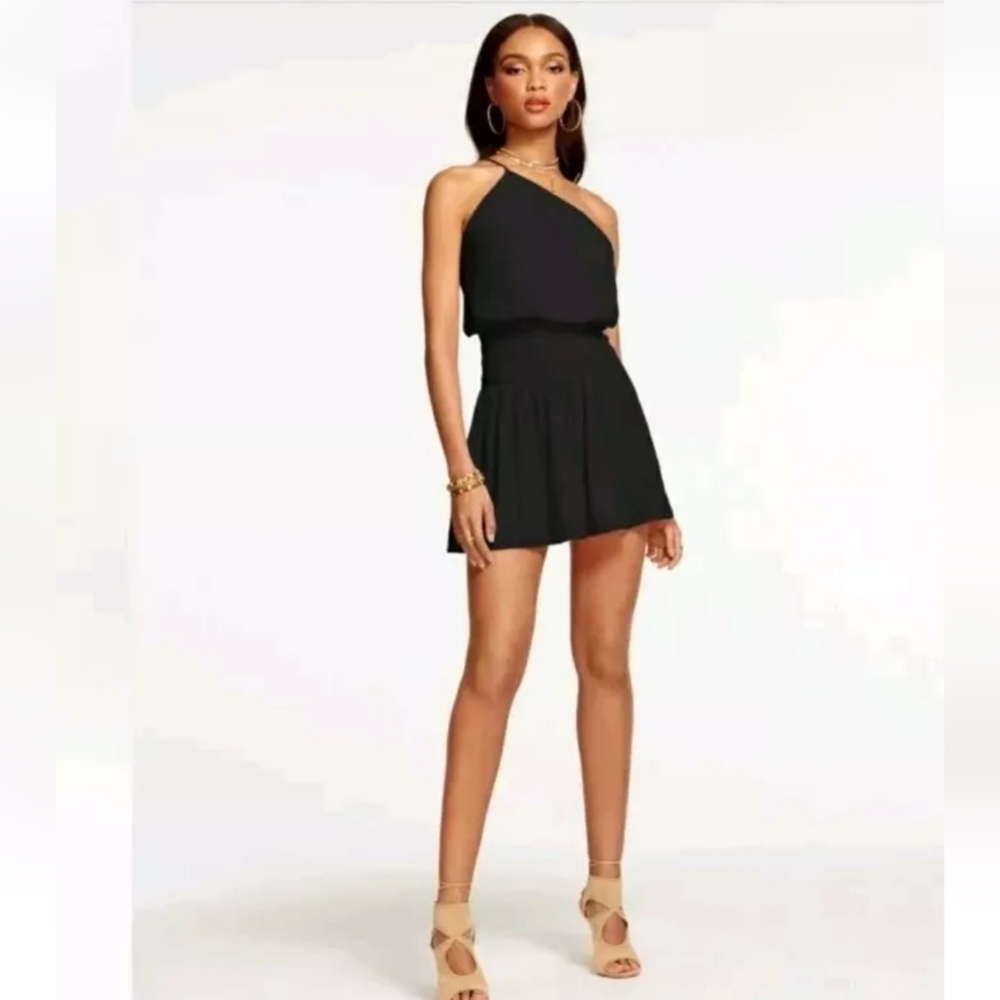 Nwt RAMY BROOK Black Silky Leah One Shoulder Smocked Waist Mini Dress large
